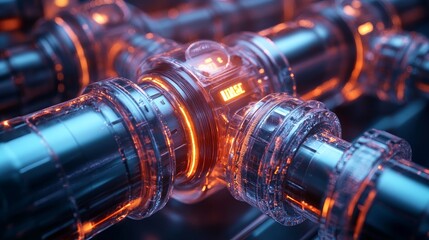 3D render of a water meter and pipe junction, showcasing intricate details in a holographic style, with transparent parts and glowing lines, set against a dark gradient background.