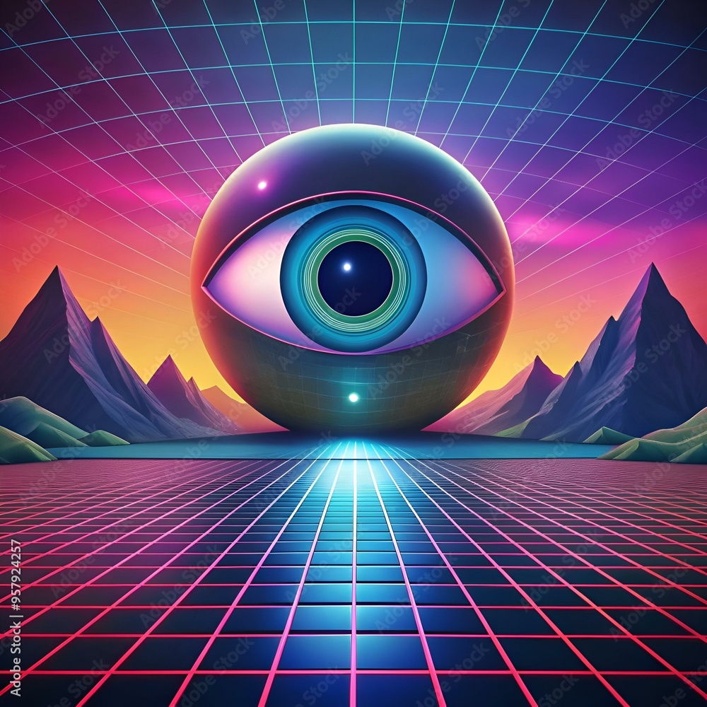 Poster a mesmerizing 80s inspired image of a glowing eye embedded in a sphere. floating above a retro grid 