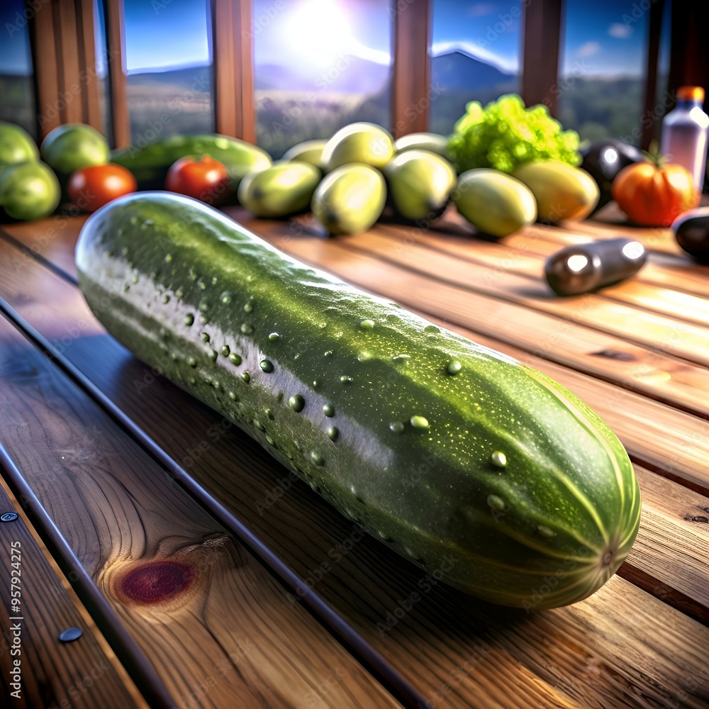 Poster a crisp and refreshing 3d render of a cucumber on a wooden table. perfect for illustrating healthy e