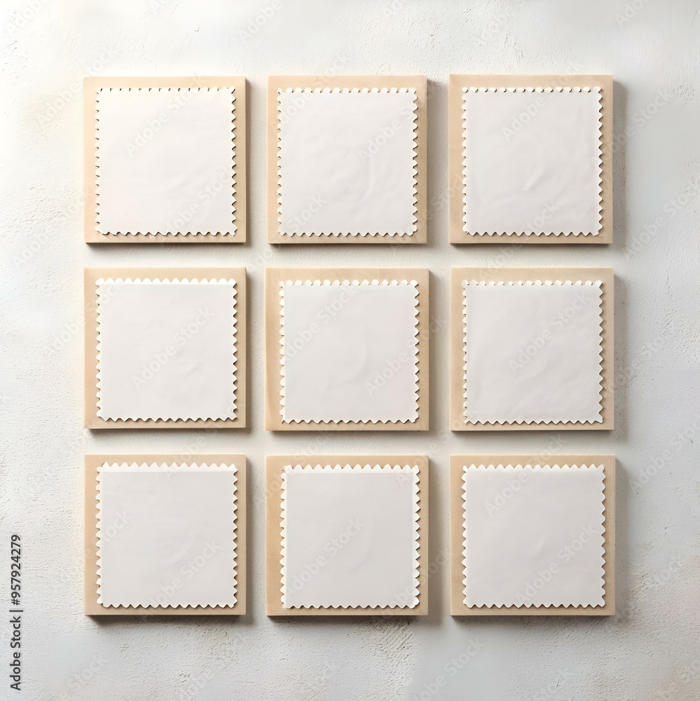 Poster nine blank square frames with white borders and a wood effect background. perfect for adding your ow