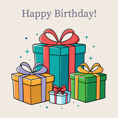 Vector illustration, happy birthday greeting with bright gifts