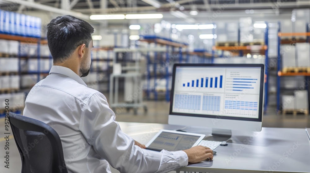 Poster man analyzing data on computer in warehouse
