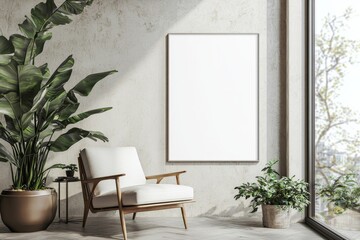 Poster Frame in Beige minimalist living room interior created with generative AI