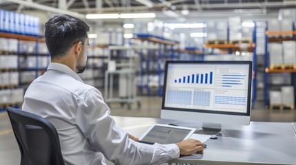 Man analyzing data on computer in warehouse