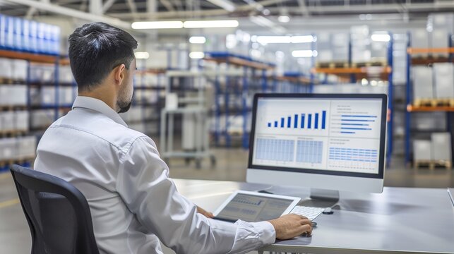 Man analyzing data on computer in warehouse
