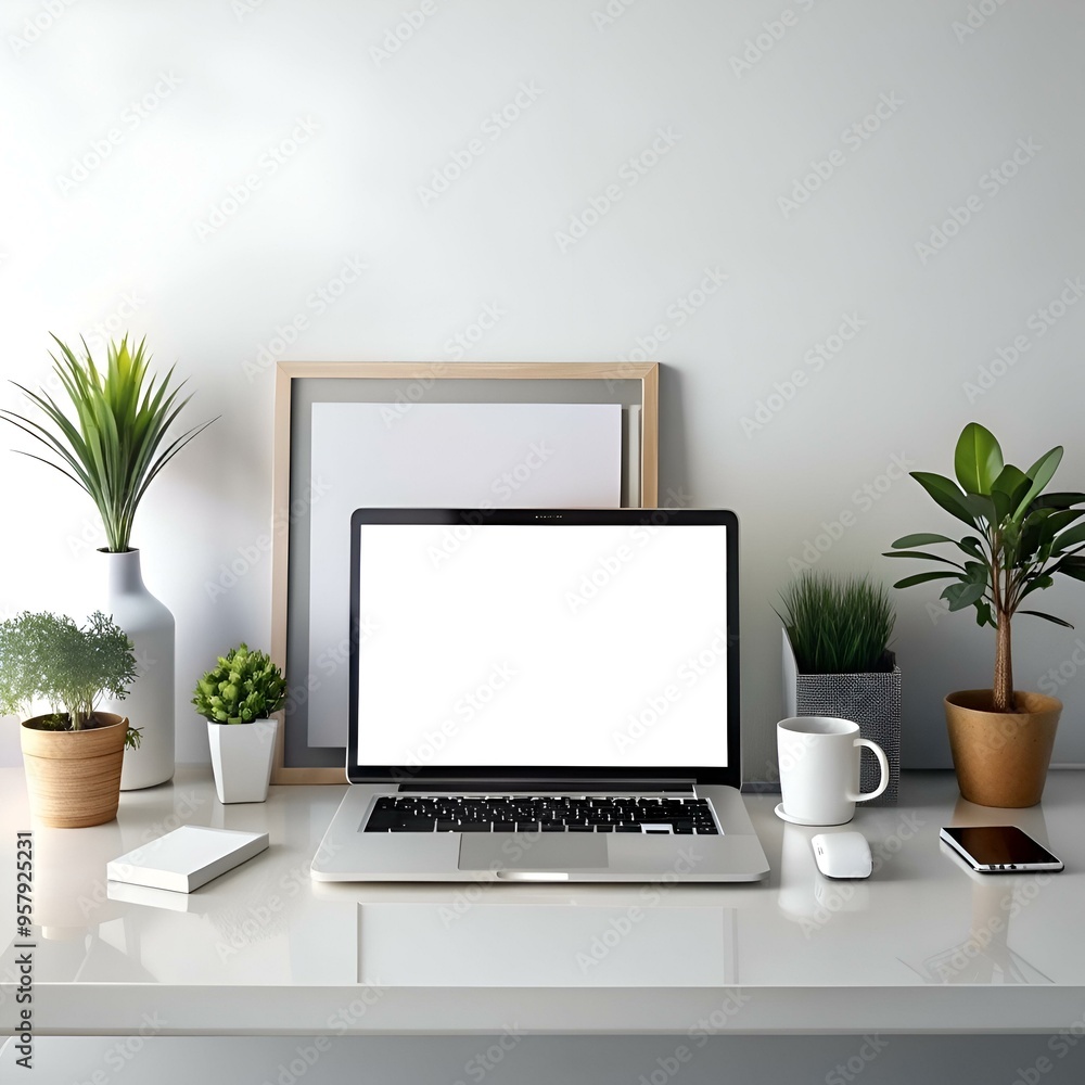 Poster clean and modern workspace mockup featuring a laptop with a blank screen. perfect for showcasing you