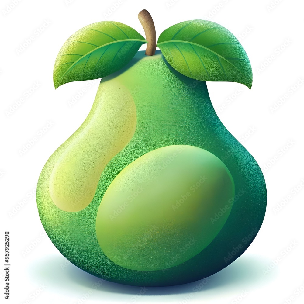 Poster a vibrant green pear with a textured surface and leaves. perfect for branding. healthy lifestyle con