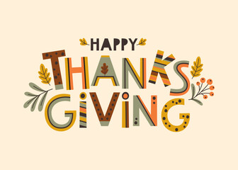 Hand lettering Happy Thanksgiving on light background.