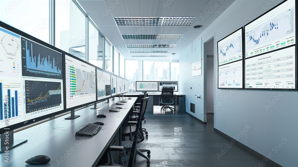 Poster modern financial trading floor with multiple screens displaying