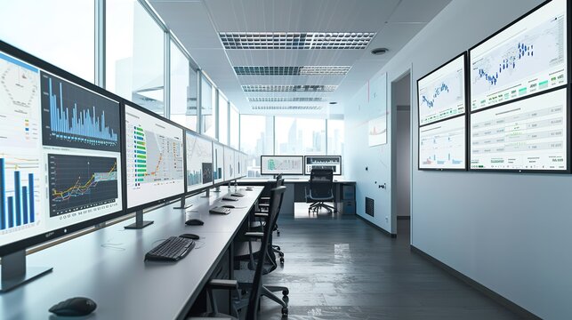 Modern financial trading floor with multiple screens displaying