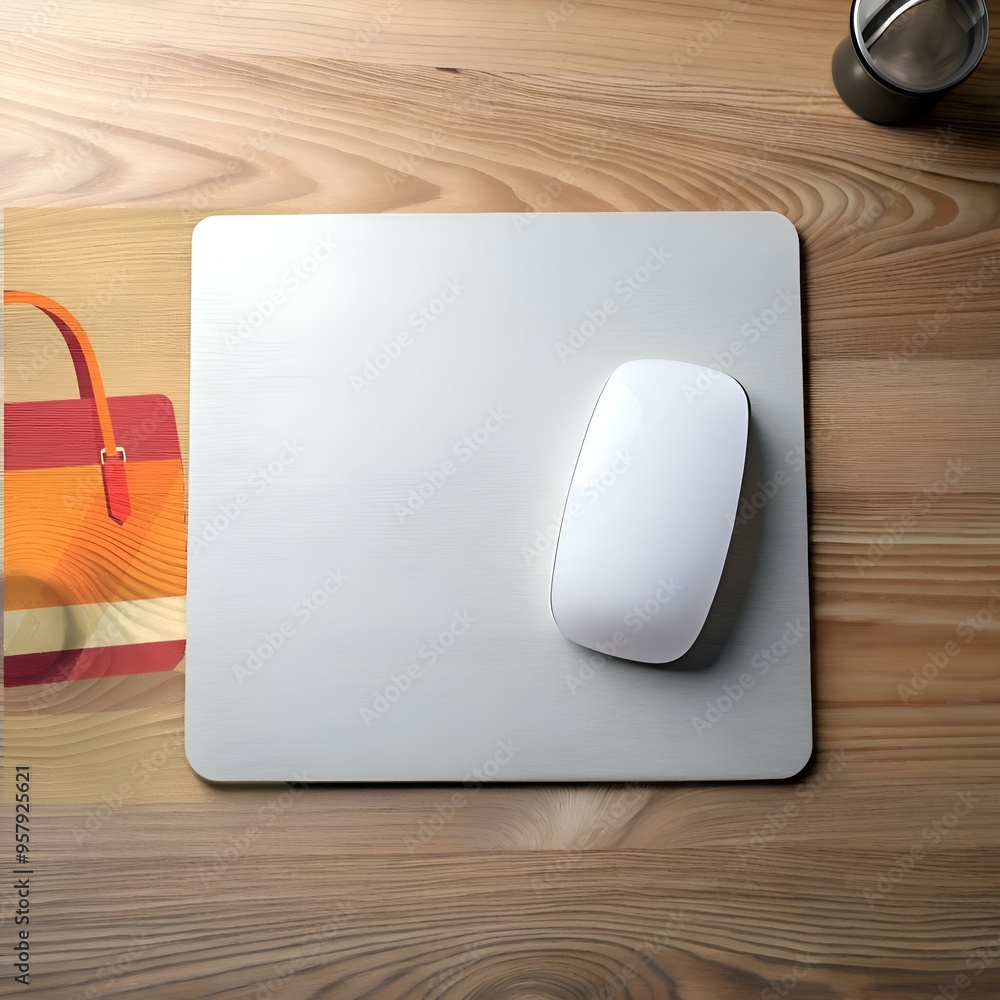 Poster a clean and minimalist workspace featuring a white computer mouse on a silver mousepad. set against 