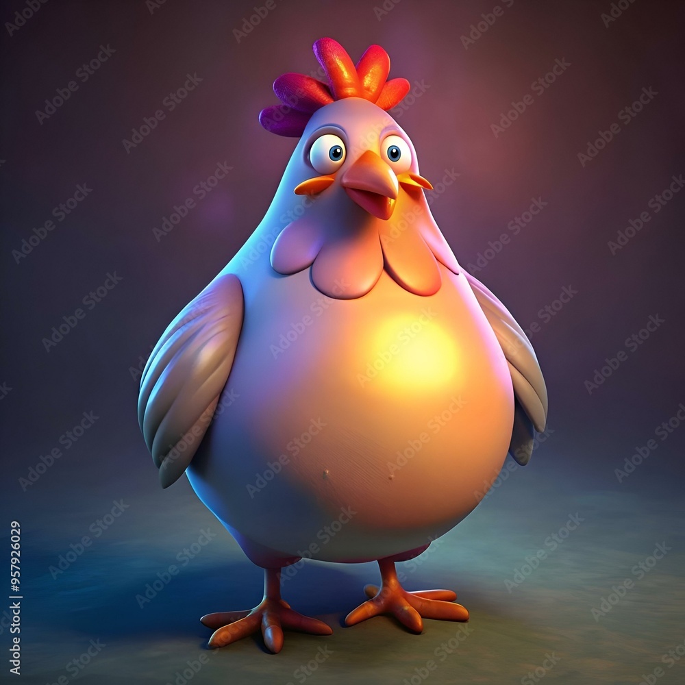 Poster a charming 3d cartoon chicken with a playful expression. rendered in a warm. inviting style.