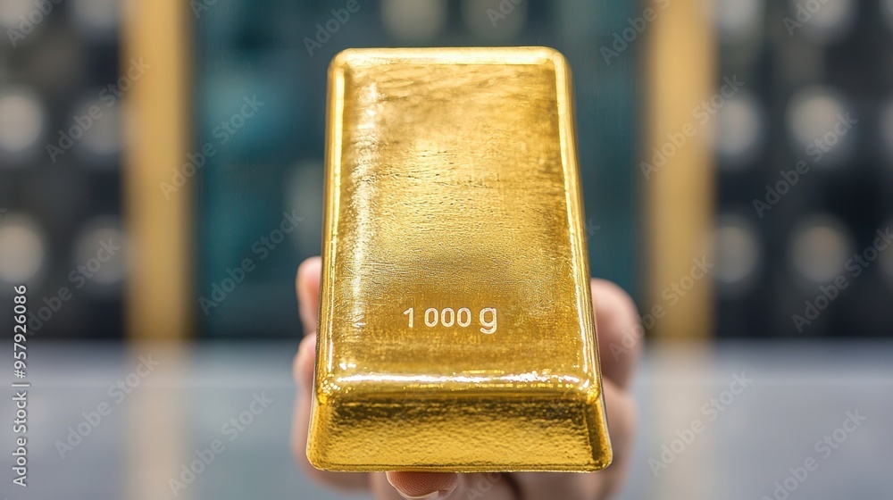 Poster luxurious gold bar in high-tech vault security system with copy space