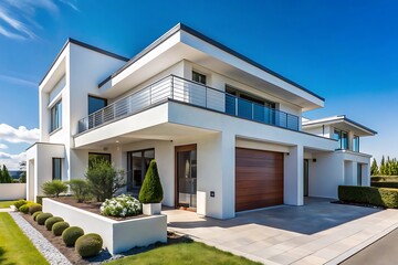 Modern House with White Walls and Wooden Garage Door.