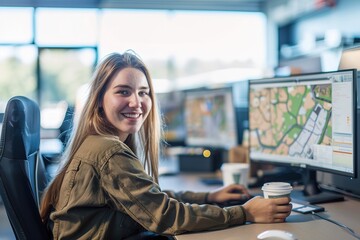 Smiling woman working with dual monitors displaying maps