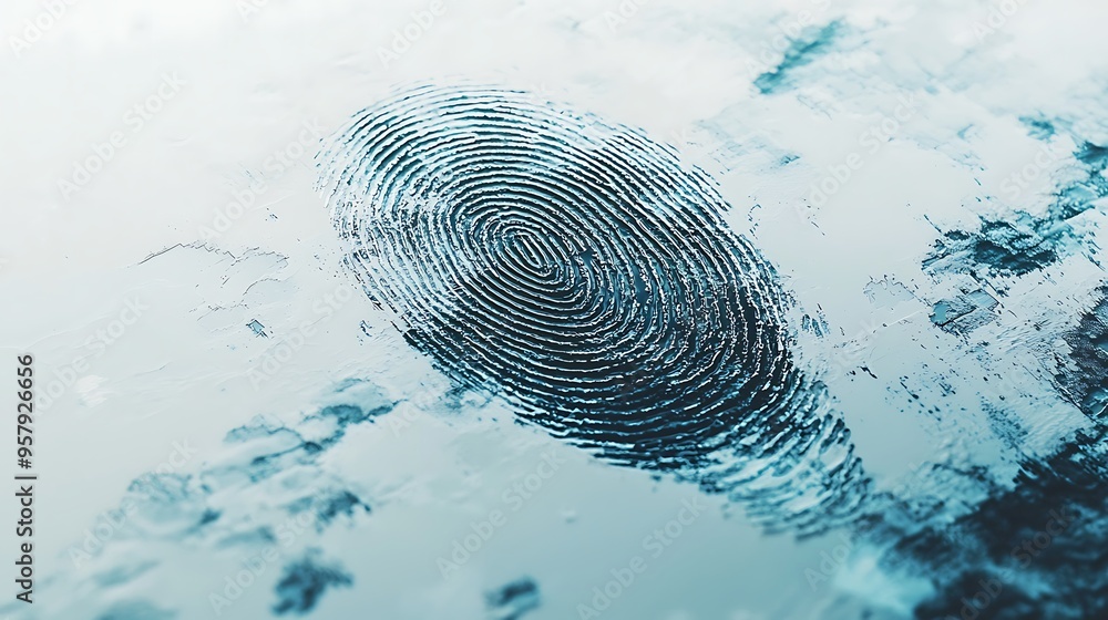 Poster an abstract fingerprint pattern in blue and white, combining technology and identity.