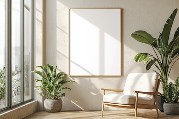 Poster Frame in Beige minimalist living room interior created with generative AI