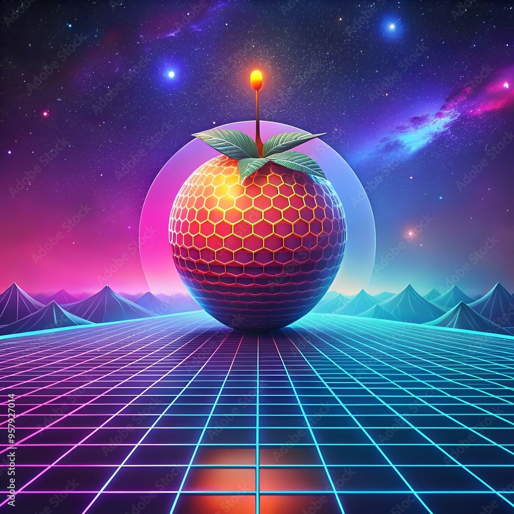 Aufkleber a futuristic 3d rendering of a lychee fruit. stylized with a glowing top and a hexagonal pattern.