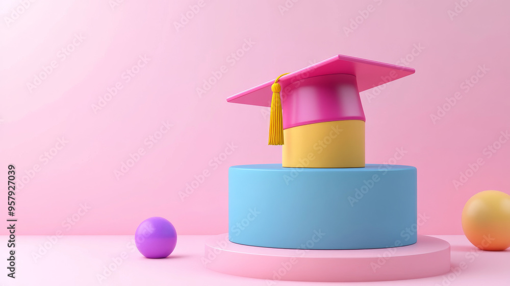 Poster 3d rendering of a graduation cap icon on a clean background for mock-up and web banner use. this min