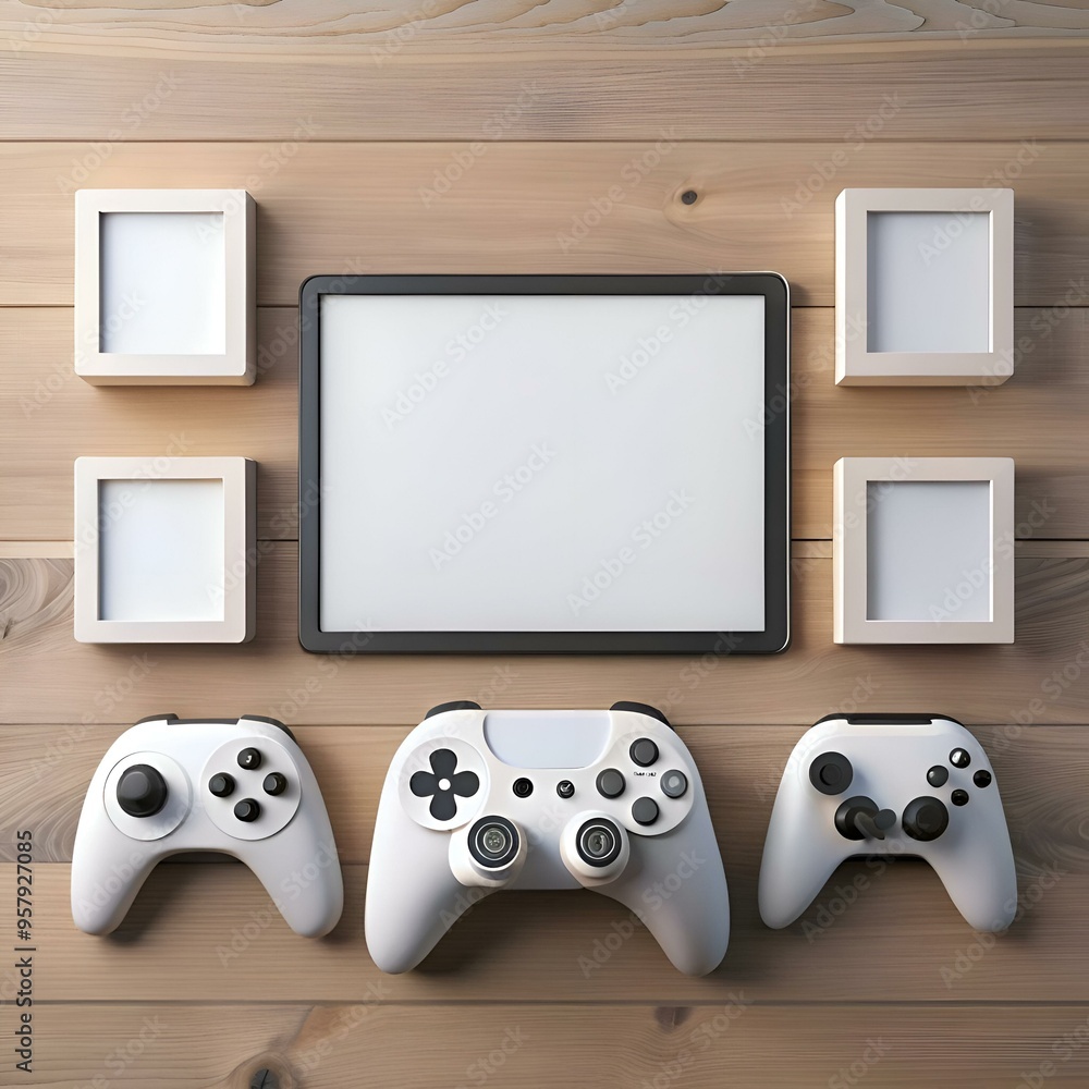 Poster modern gaming setup with blank tablet. white gamepads. and frames. perfect for showcasing your own d