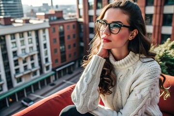 Fototapeta premium Beautiful woman in white sweater enjoying city view from rooftop.