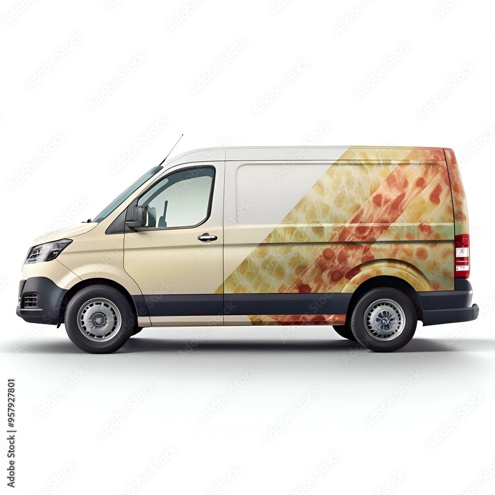Poster a modern. white van with a unique and eye catching design featuring a bold. abstract pattern in warm