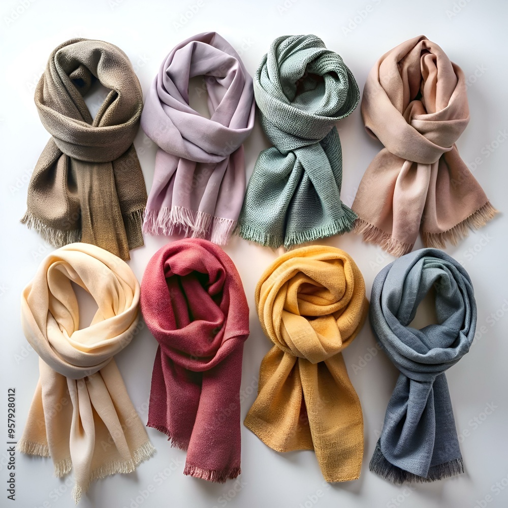 Poster a collection of eight colorful scarves. each with a unique texture and color.