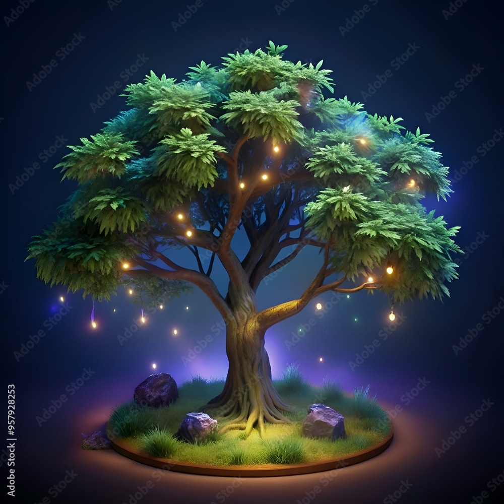 Poster a magical 3d rendering of a tree with glowing lights. perfect for fantasy. nature. or environmental 