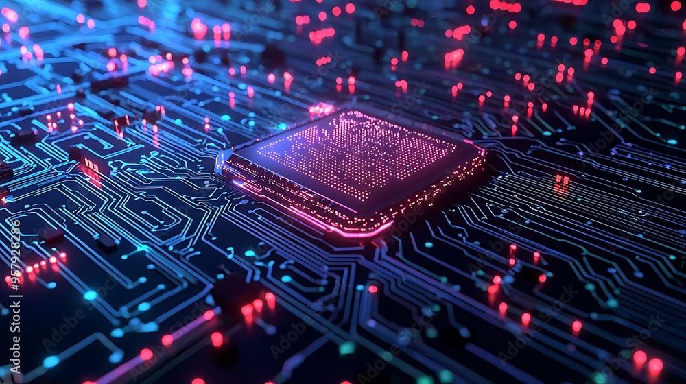 Aufkleber a circuit board with a glowing processor at its center, radiating advanced technology.