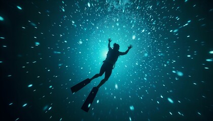 Naklejka premium Silhouette of a Scuba Diver Under a Mesmerizing Starry Night Sky with Glowing Stars