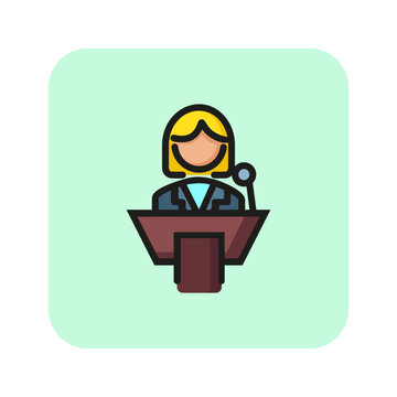 Woman making speech line icon. Woman, tribune, microphone. Gender concept. Vector illustration can be used for topics like communication, gender identification, sociality