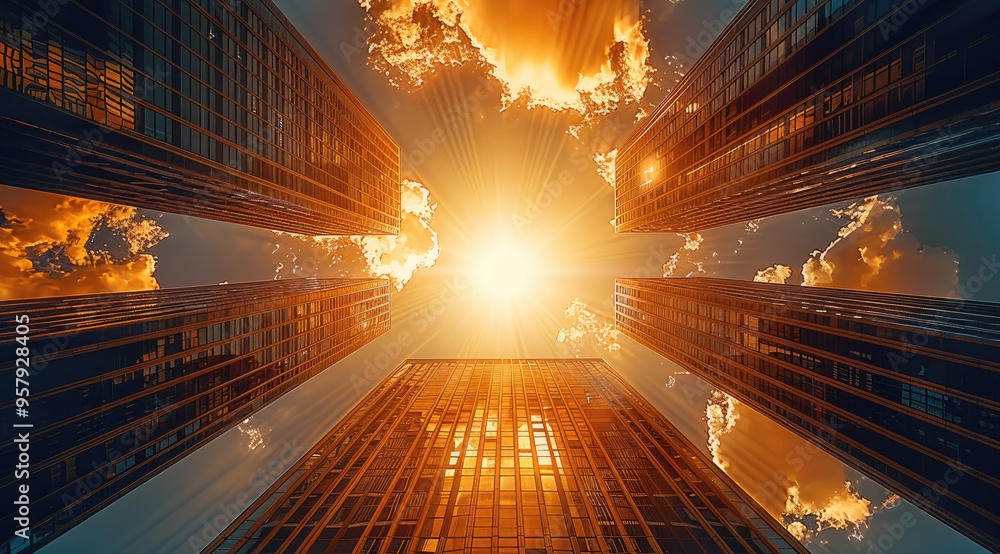 Poster looking up at the tall buildings in the city. generative ai.