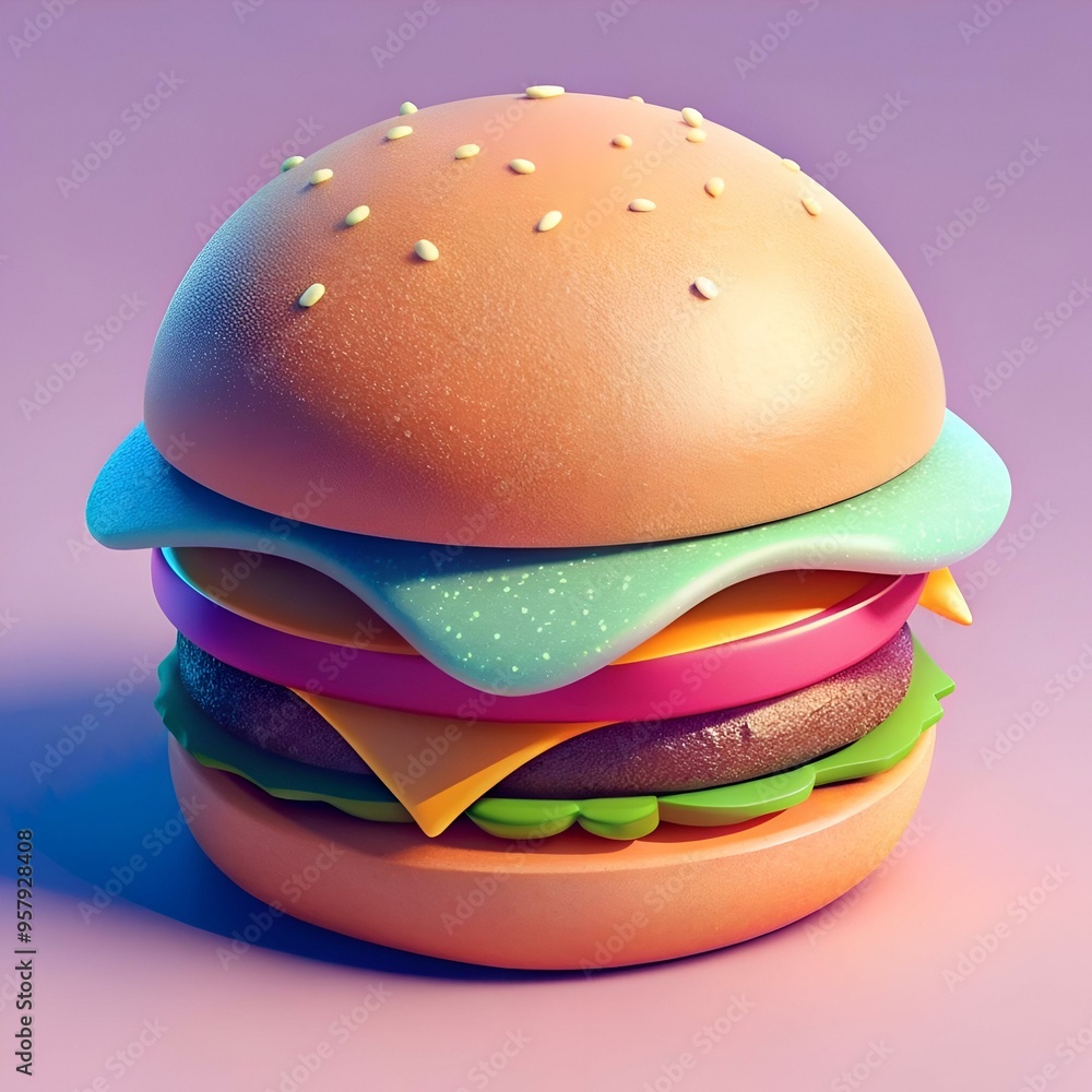 Poster a cheerful. 3d rendered burger with a vibrant color palette. perfect for adding a playful touch to y