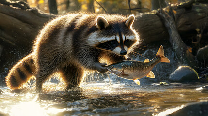 Obraz premium raccoon catching a fish in a river, its wet fur glistening in the sunlight