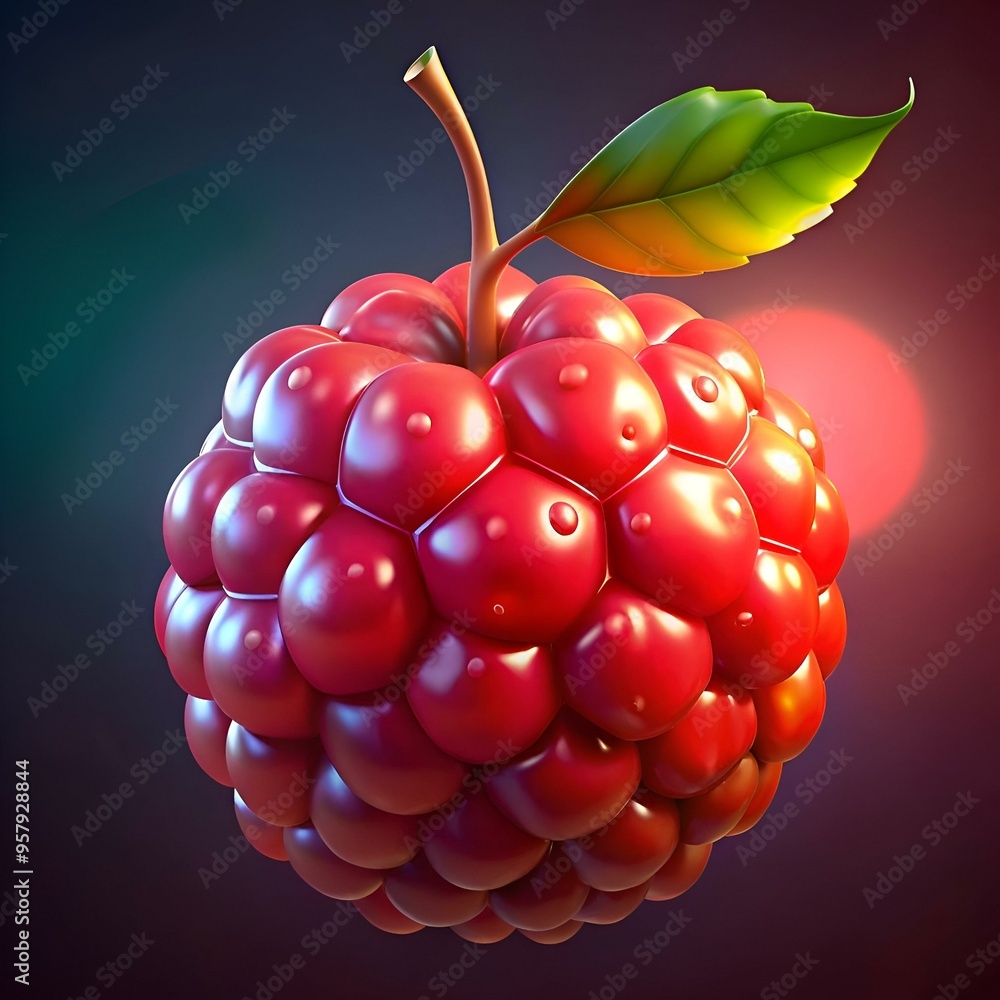 Poster a vibrant. 3d rendered raspberry with a glossy finish and a single green leaf.