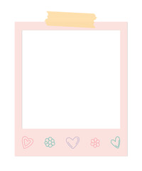 cute blank polaroid photo frame with heart and flower designs and washi tape on transparent background