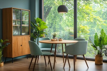 Modern Dining Room Interior Design with Green Accent Chairs and Wooden Table