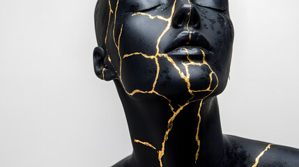 Black marble sculpture woman face with gold craquelure, modern art	