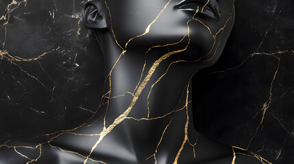 Black marble sculpture woman face with gold craquelure, modern art	