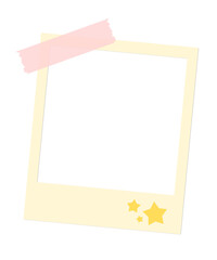 cute blank polaroid photo frame with stars design and washi tape on transparent background