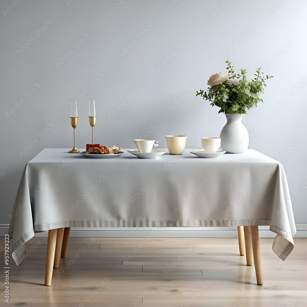 Poster a simple and elegant table setting with a gray tablecloth. wooden legs. and a vase with delicate pin
