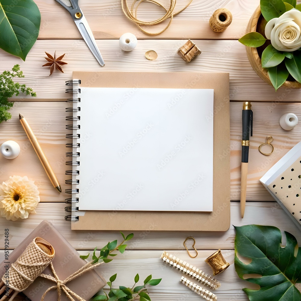 Poster a flat lay mockup featuring a blank notebook on a light wooden background with a variety of natural 