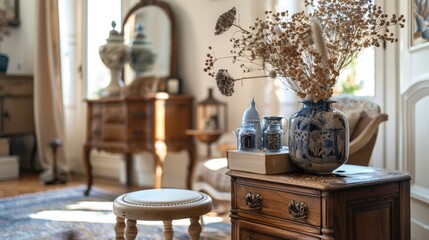  Vintage Glamour: Modern Living Room with Wooden Commode and Antique Decor
