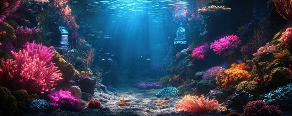 Fototapeta premium A mesmerizing underwater realm with bioluminescent plants