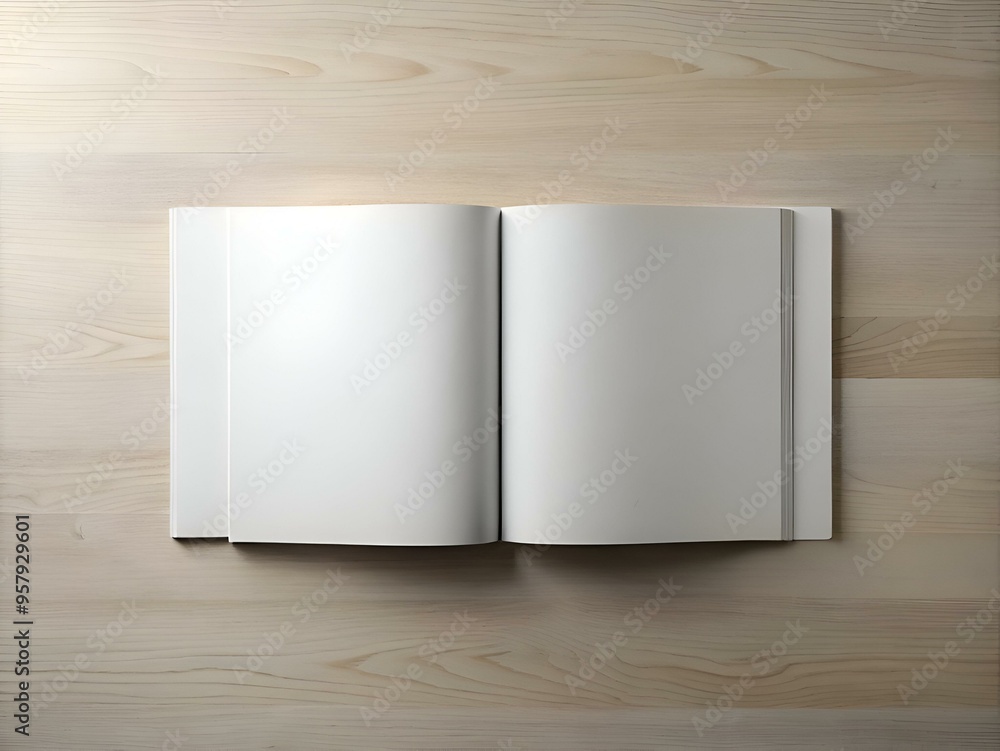 Poster clean and minimal mockup of an open product manual on a light wood table.