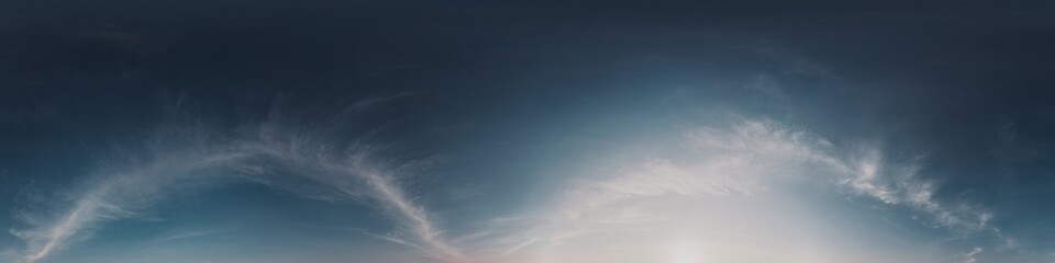 360 panorama of glowing sunset sky with bright Cirrus clouds. HDR 360 seamless spherical panorama. Full zenith or sky dome sky replacement for aerial drone panoramas. Climate and weather change.