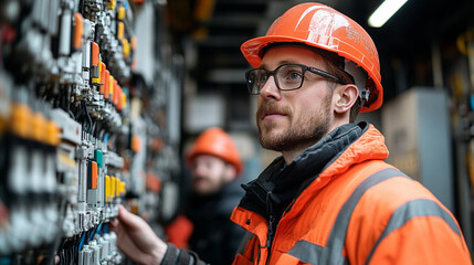 An industrial worker in safety gear analyzes control panels in a factory setting, showcasing skilled labor and safety measures.