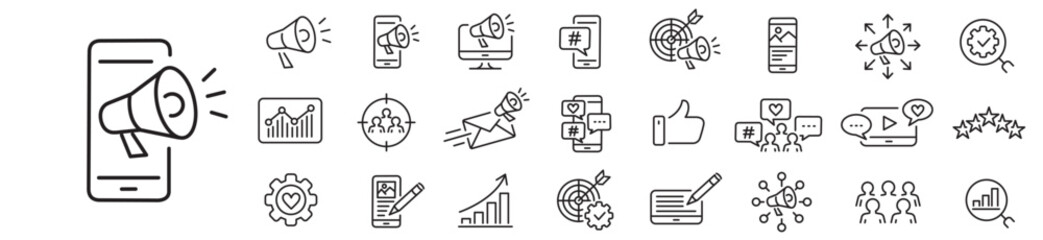 Digital marketing, Social Media Marketing SMM icon set. line vector illustration.