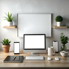 A sleek desktop workspace mockup featuring a computer monitor. tablet. smartphone. keyboard. and accessories.