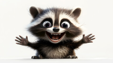 Fototapeta premium raccoon character in a playful pose, with a big grin and wide, expressive eyes